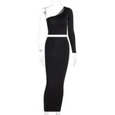 ست دوتکه زنانه با تاپ تک آستین و دامن بلند چهار رنگ