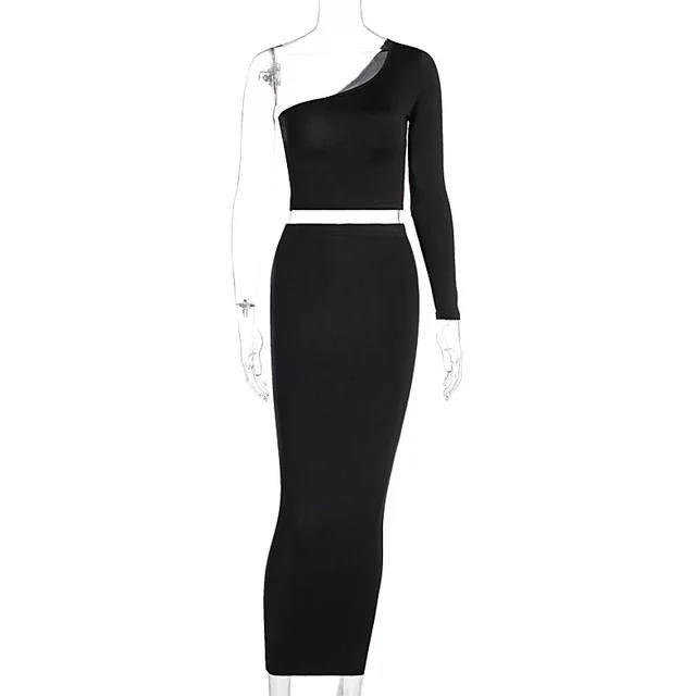 ست دوتکه زنانه با تاپ تک آستین و دامن بلند چهار رنگ