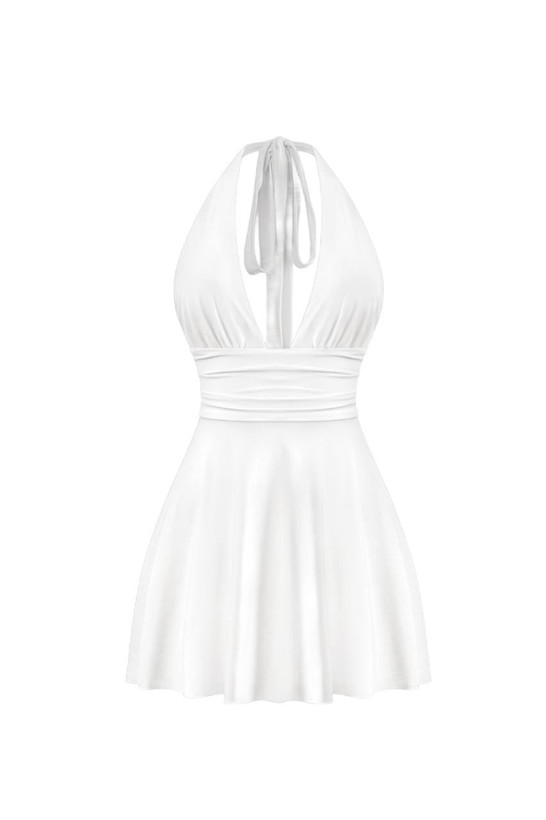 پیراهن کوتاه سفید زنانه یقه هالتر با کراس پشت – مزون ماه بانو